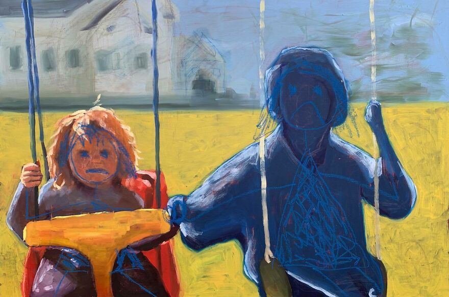 Abstract painting of two children on swings with sad faces, illustrating the concept of parentification and emotional burden.