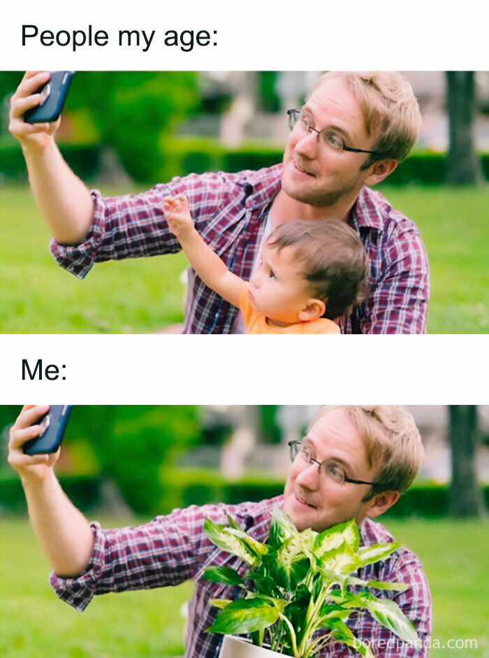 A meme showing a man taking a selfie, first with a baby, then with a houseplant. For crazy plant parents and meme language fans.