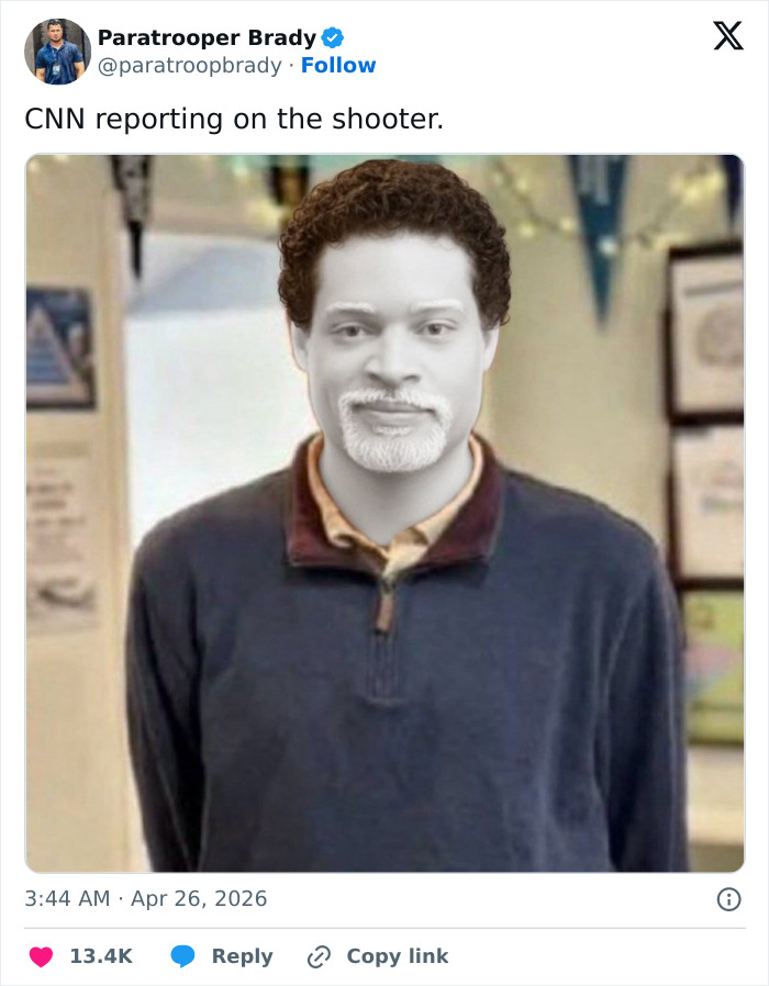 A B&W image of a man with dark curly hair and a white beard in a blue sweater. Security incident meme.