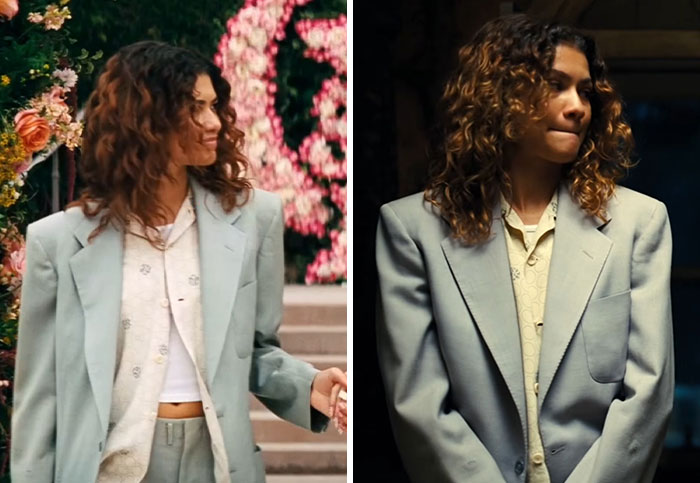 Two images of Rue from Euphoria wearing similar outfits. The images highlight some hideous outfits from the show's wedding scene.