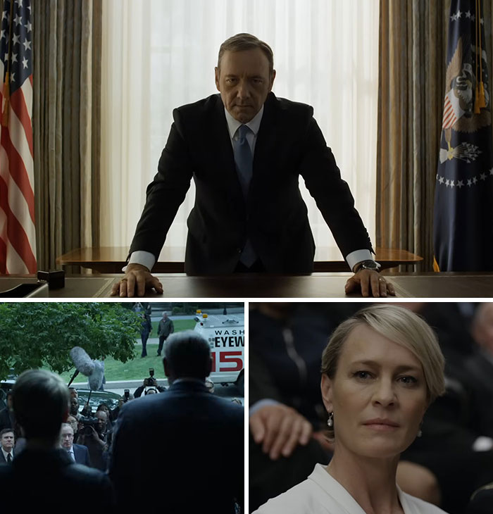 Collage of Kevin Spacey and Robin Wright from House of Cards, a TV show canceled due to scandalous controversies.