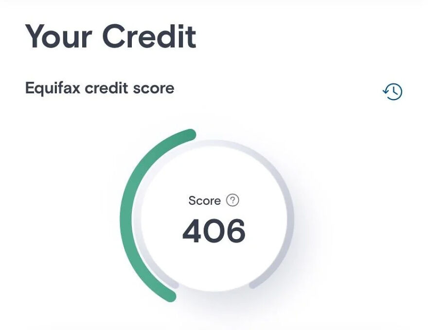 A low Equifax credit score of 406, indicating the impact of financial a***e in marriage and the struggle to regain independence.