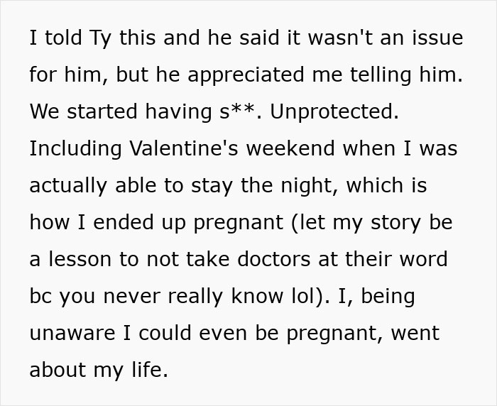 Text excerpt from a woman sharing a crazy story about her mom that sounds like a soap opera, discussing pregnancy and relationships.
