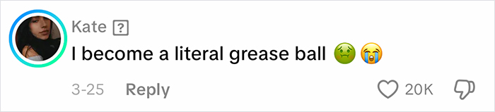 Comment complaining about office air making skin greasy, accompanied by nauseated and crying emojis.