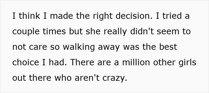Text excerpt discussing a decision about a relationship, mentioning walking away and finding other girls who aren't crazy.