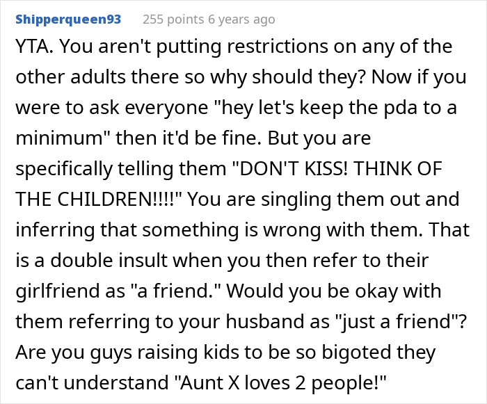 Comment about polyamorous sis insisting on open affection with both partners, and family pushback due to kids concerns.