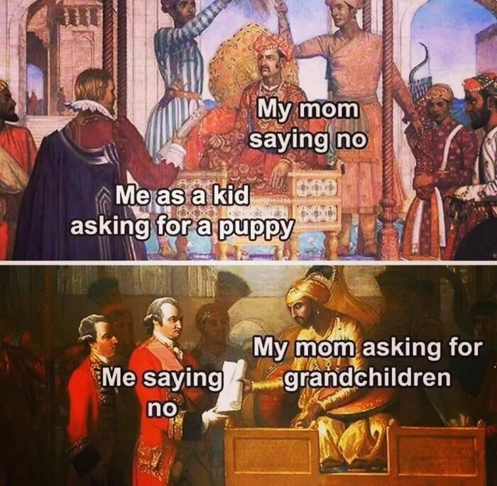 Two historical paintings with text memes about asking for a puppy and grandchildren, featuring funny dog-themed humor.