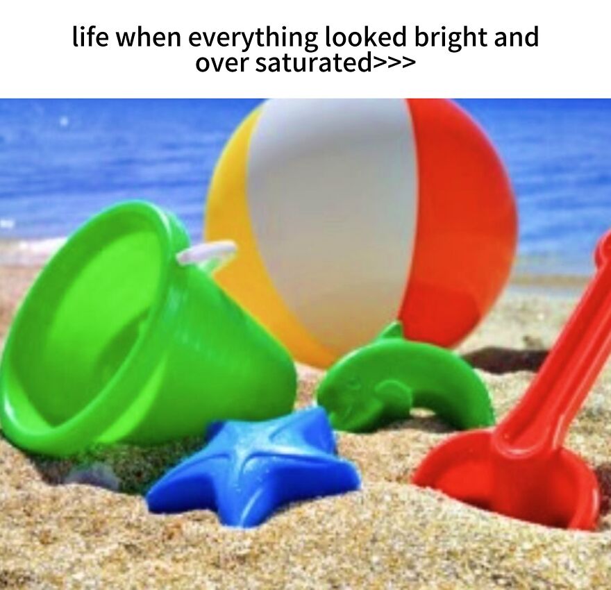 Nostalgic photos capture growing up in the 2000s, featuring brightly colored beach toys like a bucket, molds, and a beach ball.
