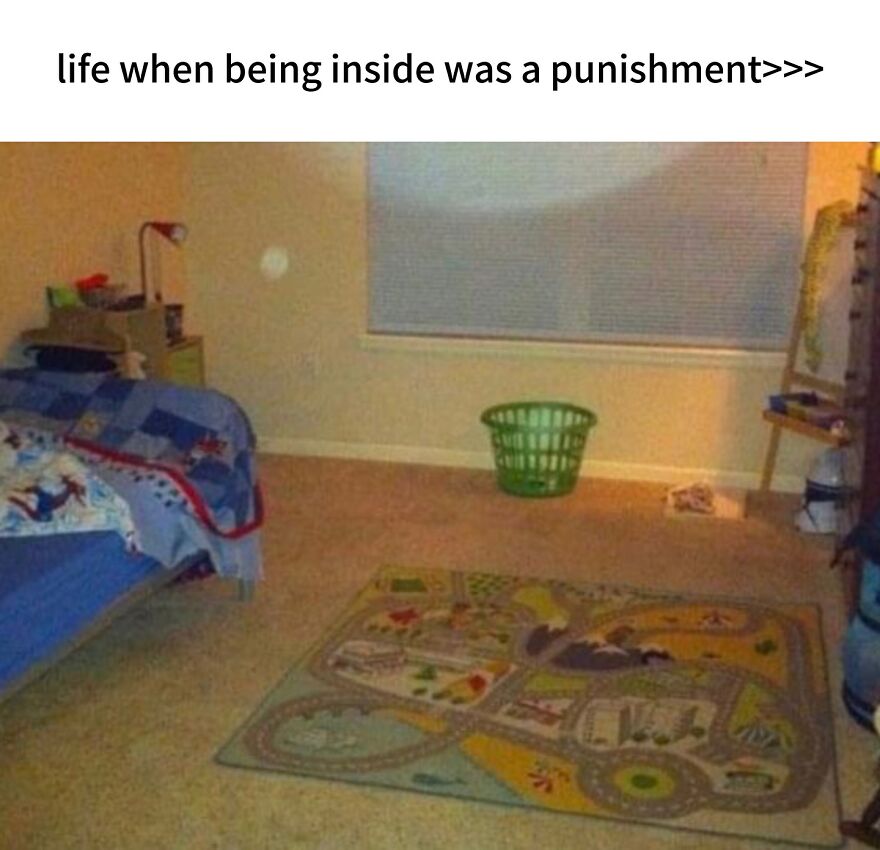 A nostalgic 2000s kid's bedroom with a car rug on the floor and an unmade bed, caption reads "life when being inside was a punishment".