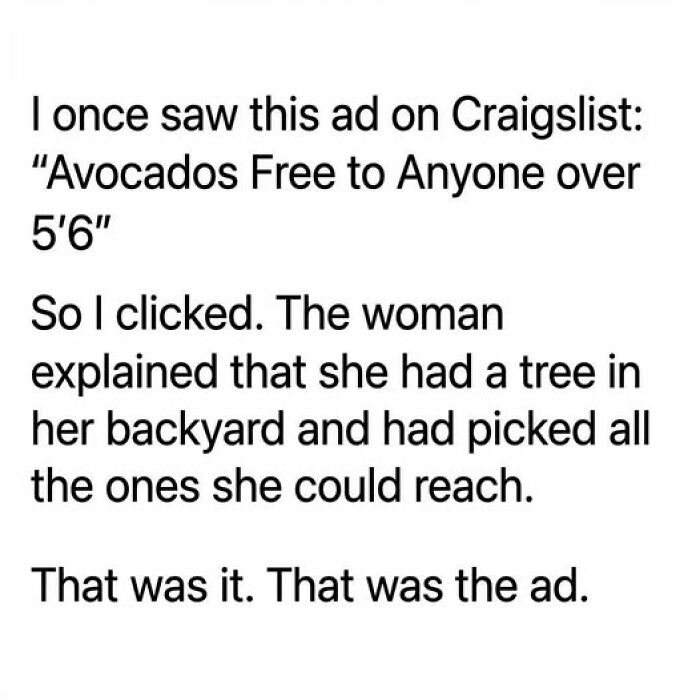 Funny food meme about free avocados from a backyard tree shared with quick chuckles and lighthearted humor.