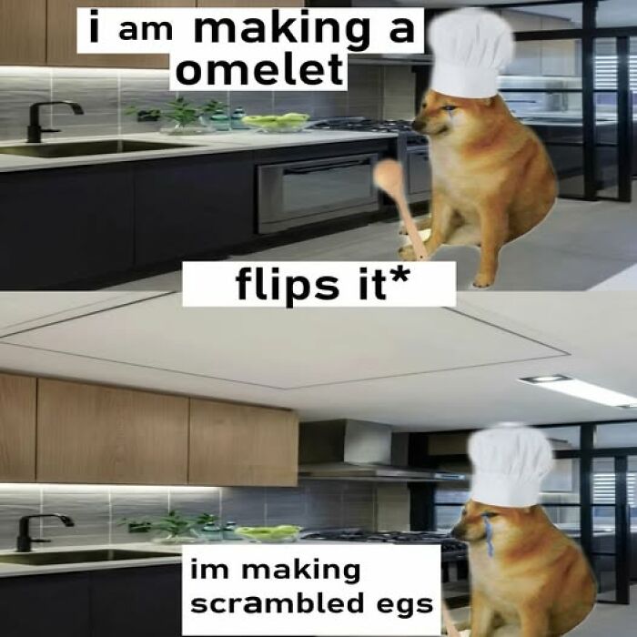 Food meme featuring a dog in a chef hat cooking and humorously failing to make an omelet, resulting in scrambled eggs.