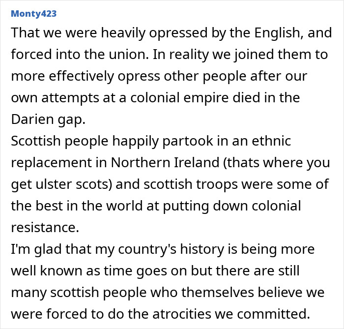 A Reddit comment challenging historical stereotypes about countries regarding Scotland's colonial role and oppression.