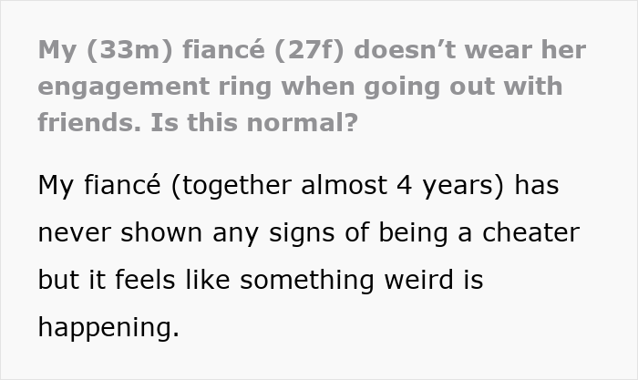 Guy’s Imagination Drives Him Mad As He Spots Fiancée Not Putting On Her Engagement Ring At Clubs Guy’s Imagination Drives Him Mad As He Spots Fiancée Not Putting On Her Engagement Ring At Clubs