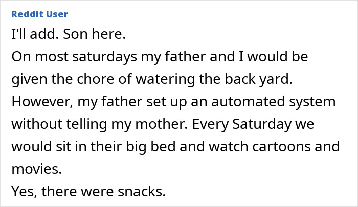 Reddit user sharing a secret about dads and their kids enjoying cartoons and snacks without moms knowing.