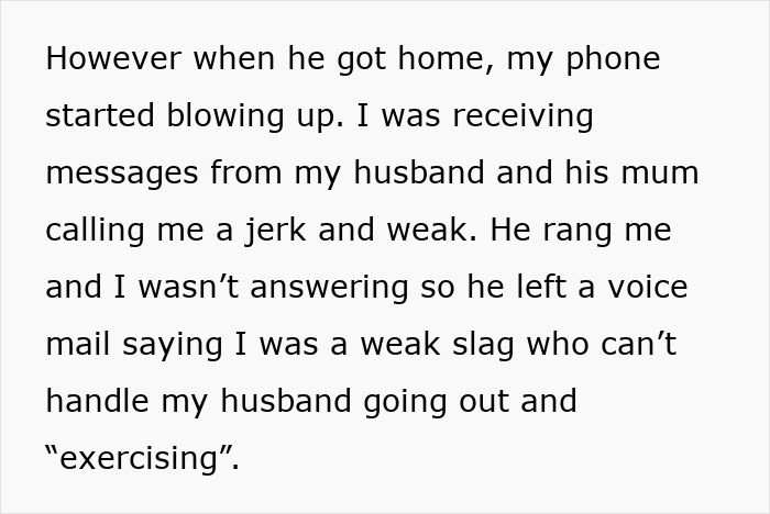 Text excerpt showing a wife receiving harsh messages from her husband after discovering his affair and seeking revenge.