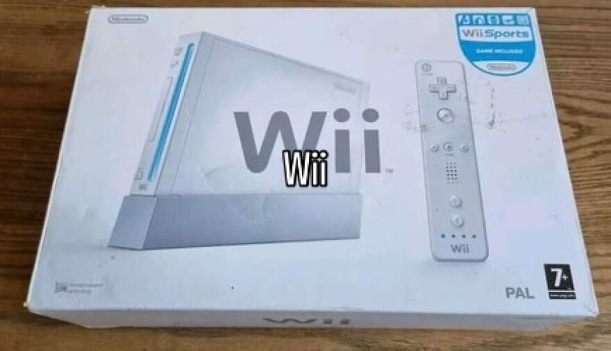 A white Nintendo Wii console box, featuring the console and remote, evokes nostalgic photos from the 2000s.