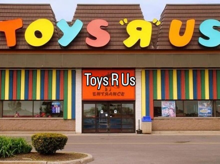 An exterior shot of a colorful Toys R Us store, a nostalgic photo capturing the vibe of growing up in the 2000s.