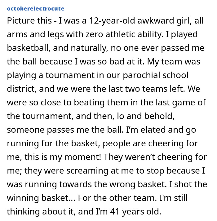A Reddit post detailing an embarrassing moment of a 12-year-old girl scoring for the wrong team in basketball.