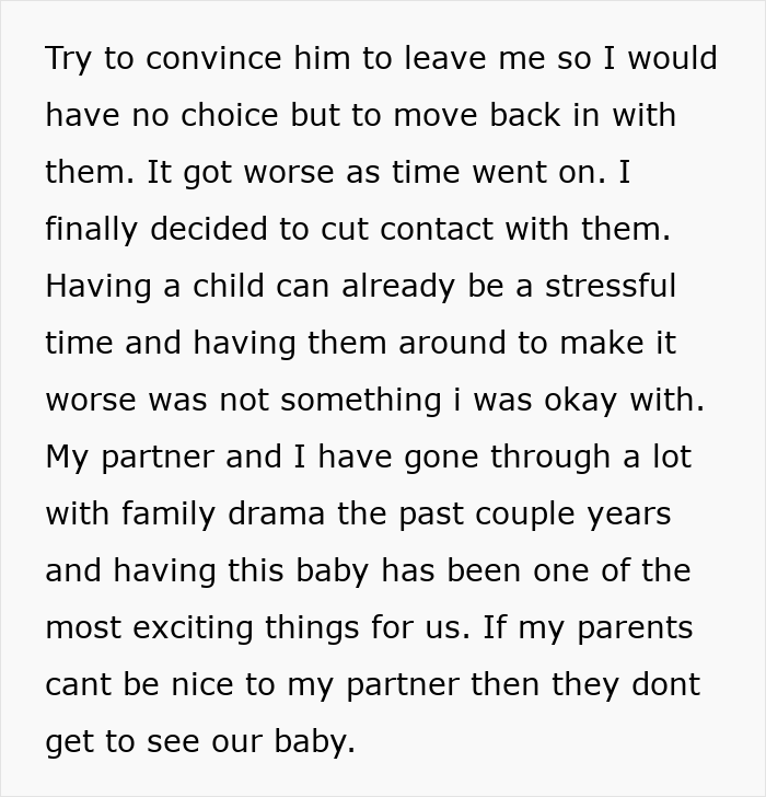 Text excerpt showing a woman describing her mom&rsquo;s creepy behavior causing stress and prompting her to cut contact to protect her baby.