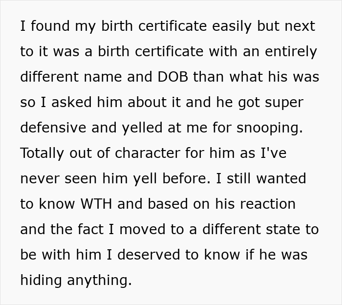 Text passage about discovering conflicting birth certificates and suspecting deception, highlighting a criminal and cheater exposed by an ex-girlfriend.