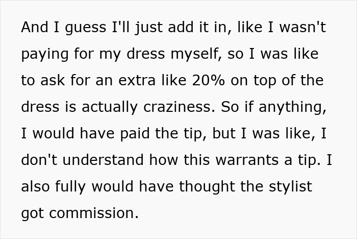 Text excerpt from a woman explaining why she refused to tip for a wedding dress, sparking internet debate.