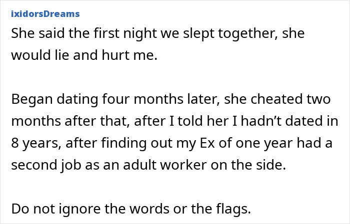 A Reddit post from user "ixidorsDreams" describing a relationship with red flags, emphasizing not to ignore warning signs.