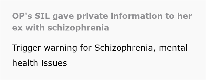 Text on a warning screen about SIL feeding information to unstable ex with schizophrenia and mental health issues.