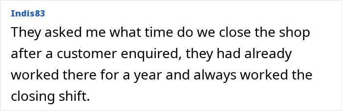 A screenshot of an online comment by Indis83 about a coworker asking shop closing time after working a year. Office in shock moments.