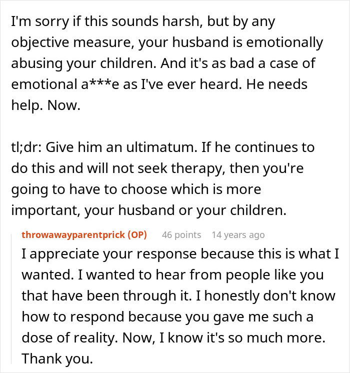 Comment discussing emotional a***e by a husband towards kids and the need for therapy or intervention.