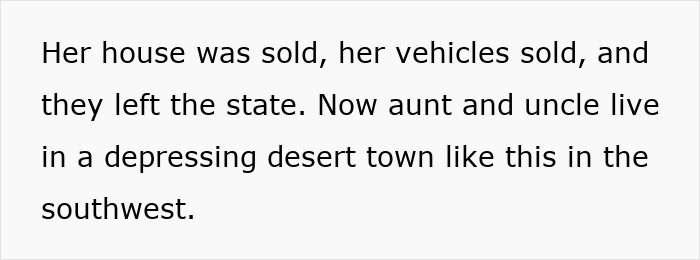 Text describing a desert town in the southwest where an aunt and uncle live after selling house and vehicles due to penalties.