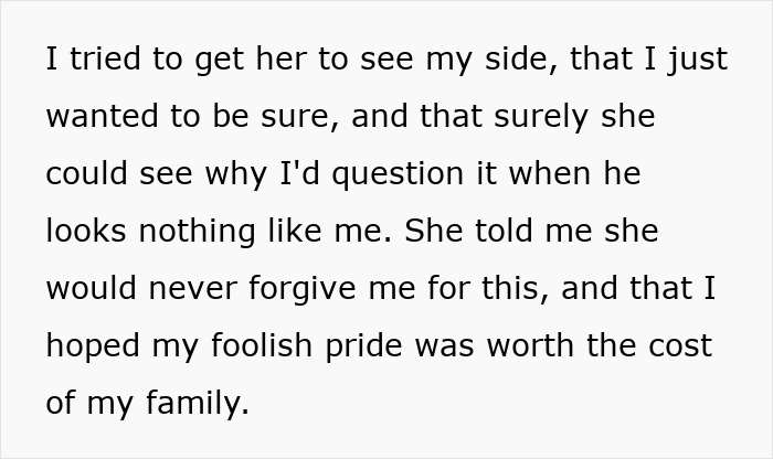 Text on screen describes a man demanding a paternity test, facing his whole family's loss due to his actions.