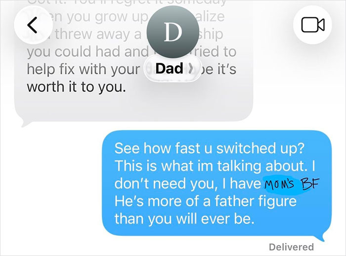 Text message conversation showing a teen confronting dad after he forgot her birthday, leading to a harsh response. Text message conversation showing a teen confronting dad after he forgot her birthday, leading to a harsh response.