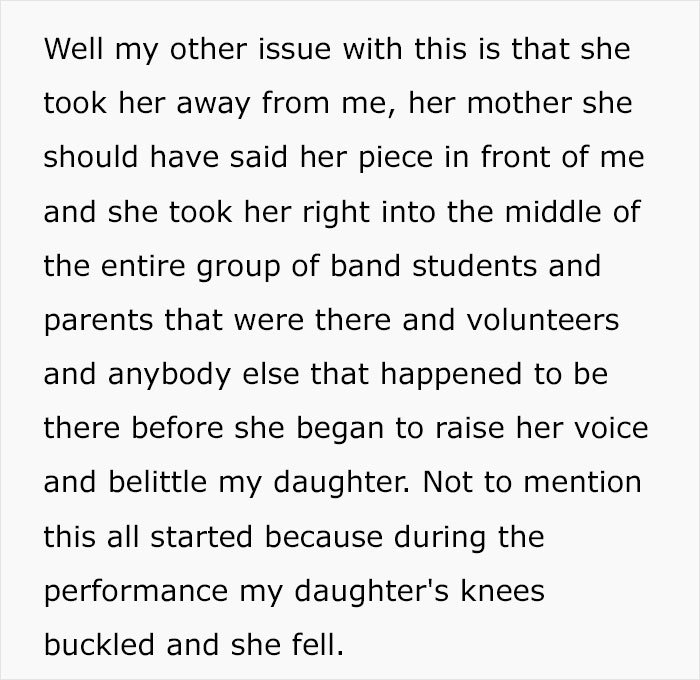 Text excerpt showing a mother upset after a teacher grabs kids in front of her and is called out for it during a performance.