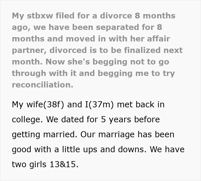 Text on a screen about a woman begging her husband to cancel the divorce after her affair, ruining their marriage.