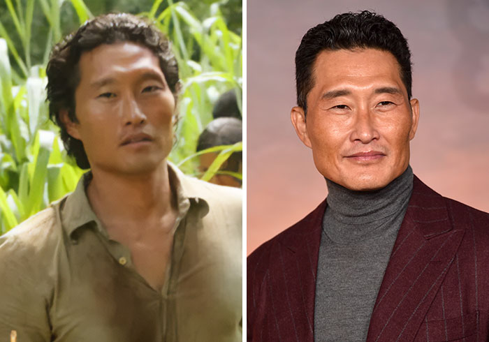 Split image showing actor from Lost as a younger man in jungle and older in a suit, illustrating how cast aged over 20 years.