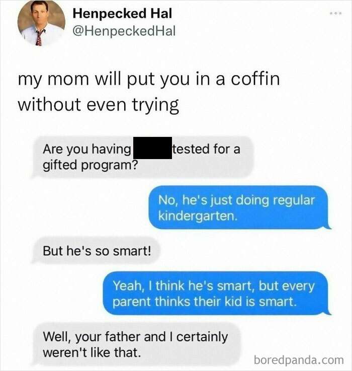 Text conversation meme about a kid’s intelligence and gifted program, part of unhinged and wild memes collection.