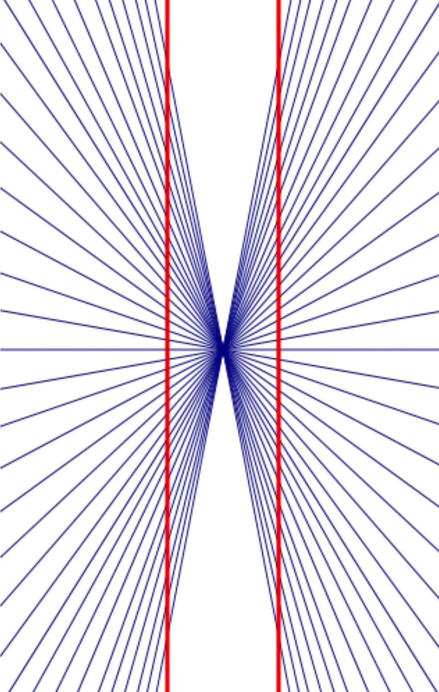An optical illusion shows two red vertical lines, appearing bent or non-parallel due to converging blue lines.