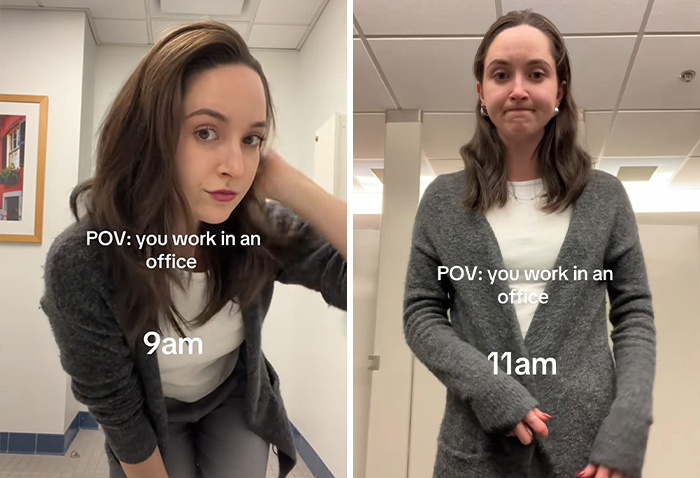 Woman in an office shows changes in appearance from 9am to 11am, illustrating complaints about office air effects.