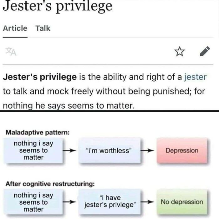 Diagram explaining jester's privilege as a humorous meme about depression and cognitive restructuring humor.