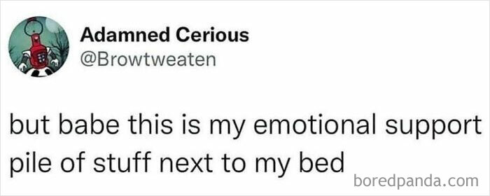 Tweet about emotional support pile of stuff next to bed, relatable meme about humor and giving up on life.