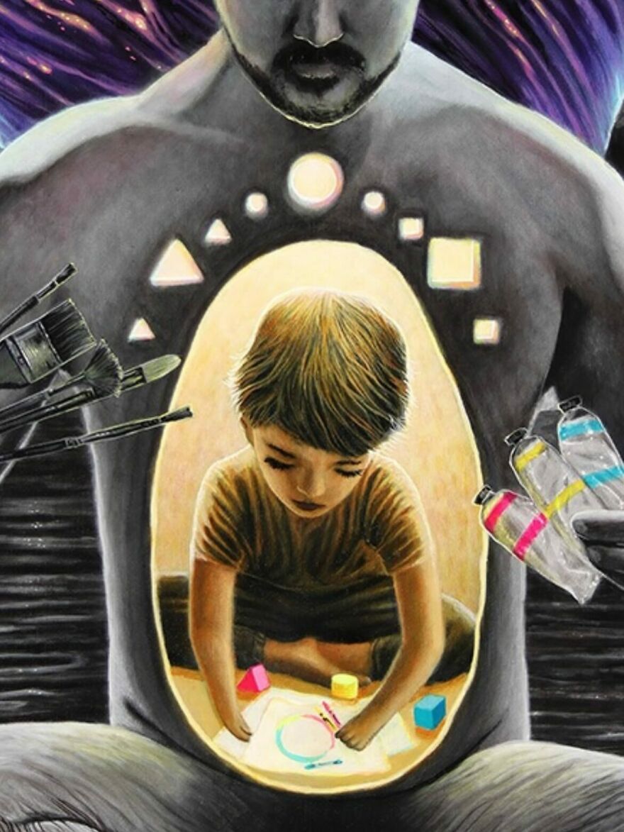Child inside a parent's silhouette painting while surrounded by art supplies, illustrating the concept of parentification burden.