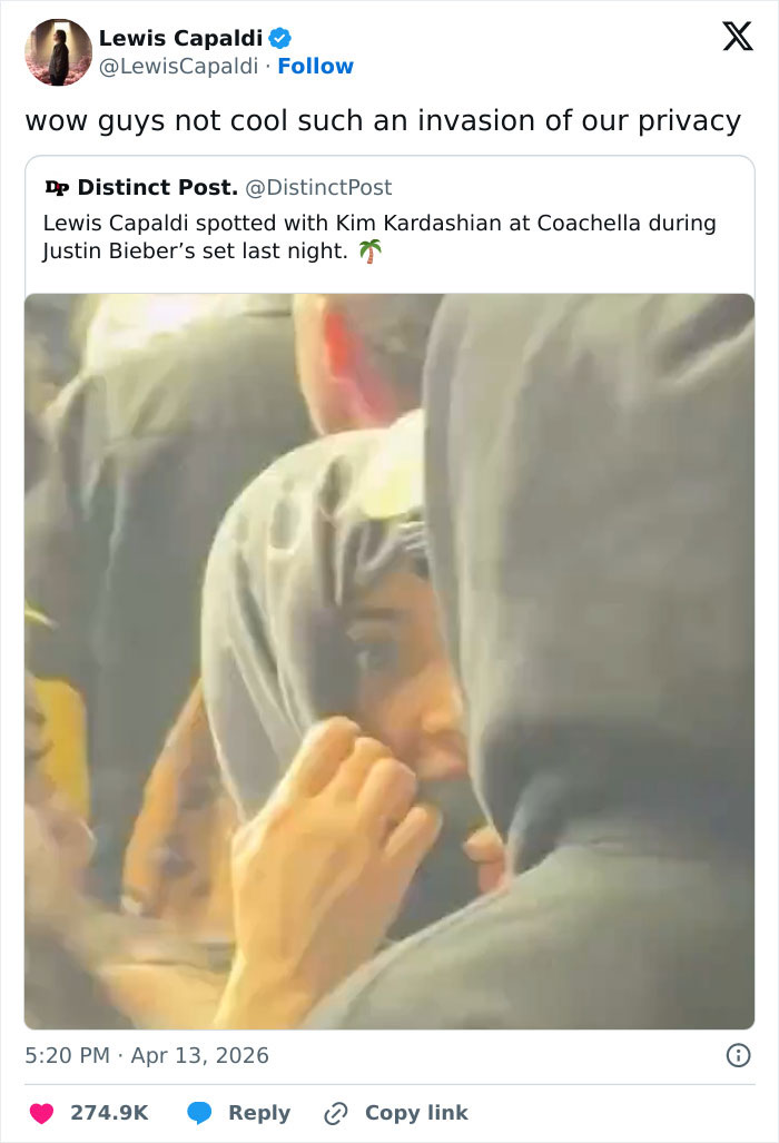 Lewis Capaldi reacting to a privacy invasion tweet during Coachella 2026, a key moment fans found cringe and funny.