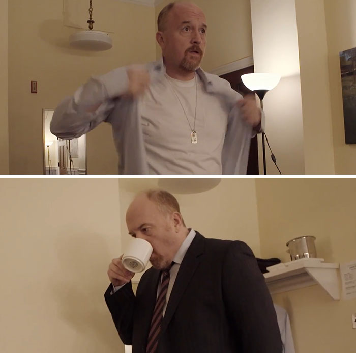 Comedian Louis C.K. dressing in a room, then drinking coffee, possibly relating to TV shows canceled due to scandals.
