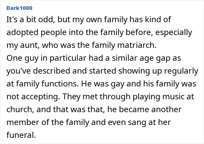 Text post sharing a family story about a 20-year-old best friend adopted into family, seen as controlling by parents.