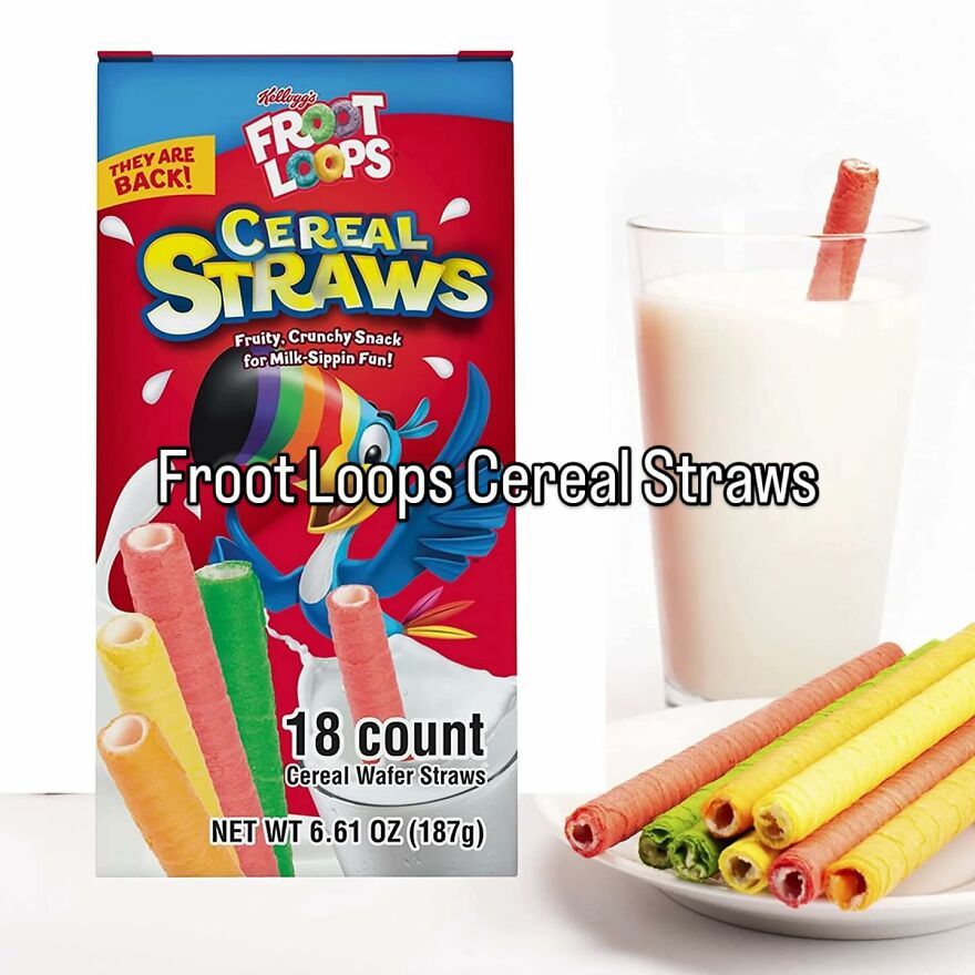 A box of Froot Loops Cereal Straws next to a glass of milk with a straw, capturing the vibe of growing up in the 2000s.