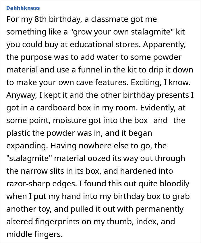 Text story of a childhood injury involving a homemade stalagmite kit causing sharp cuts and permanent fingerprints.