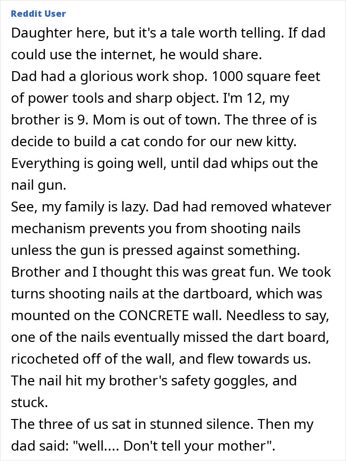 Reddit user shares dad and kids’ secret involving a nail gun and a workshop moment mom doesn’t know about.