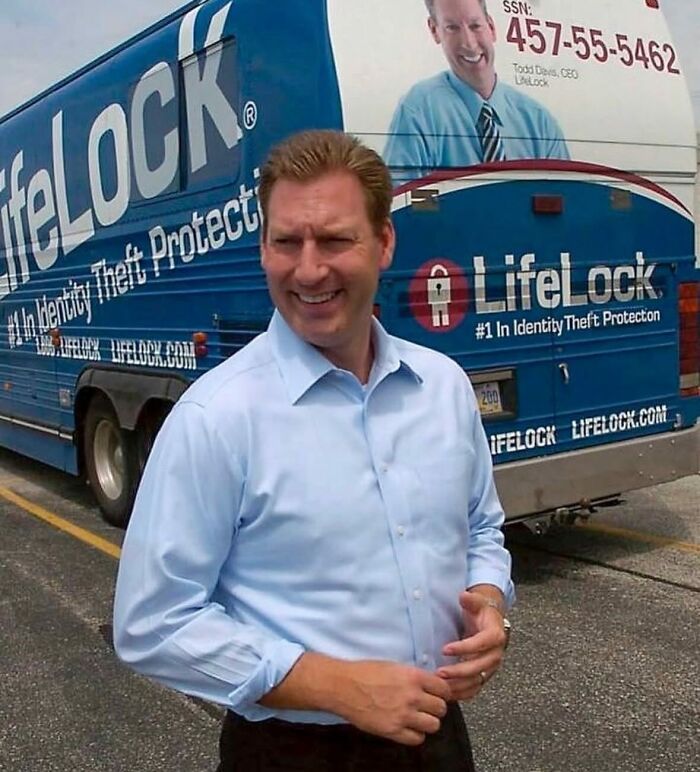 A man standing in front of a LifeLock identity theft protection vehicle, illustrating PR mistakes and backfire risks.
