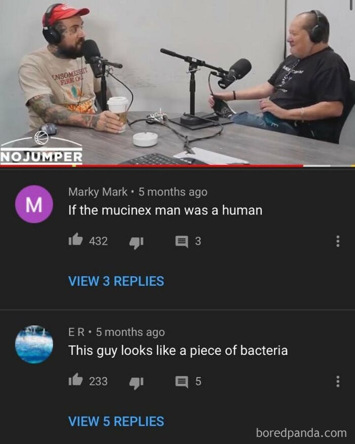 YouTube video screenshot with two men podcasting and comments below, one of which is a rare burn.