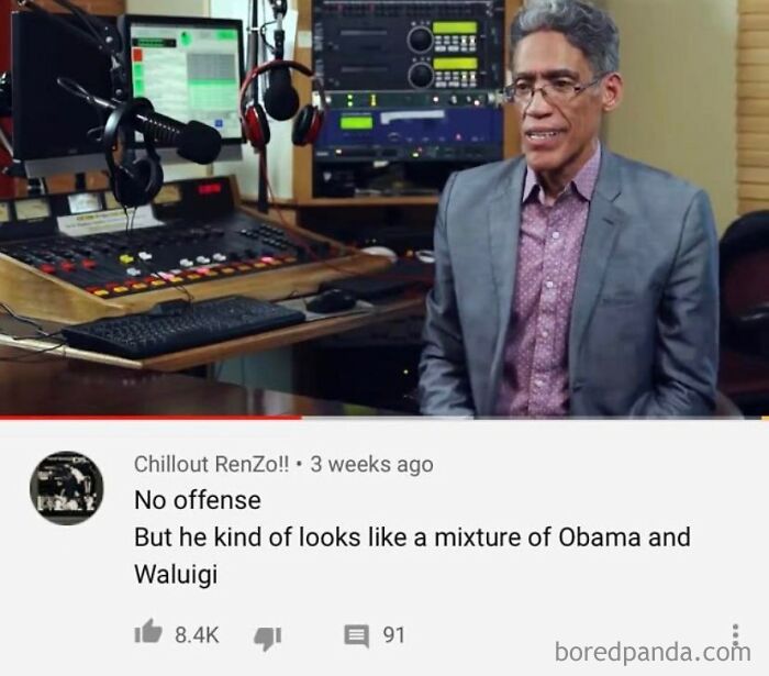 A man in a studio setting, with a comment saying he looks like Obama and Waluigi. This is a rare burn.
